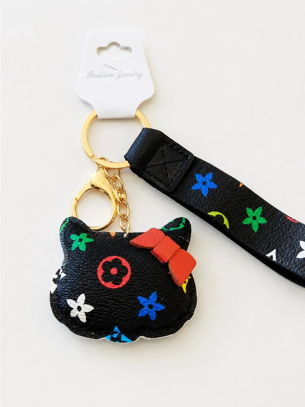 Multicolor Monogram Kitty Keychain Wristlet Bag Charm